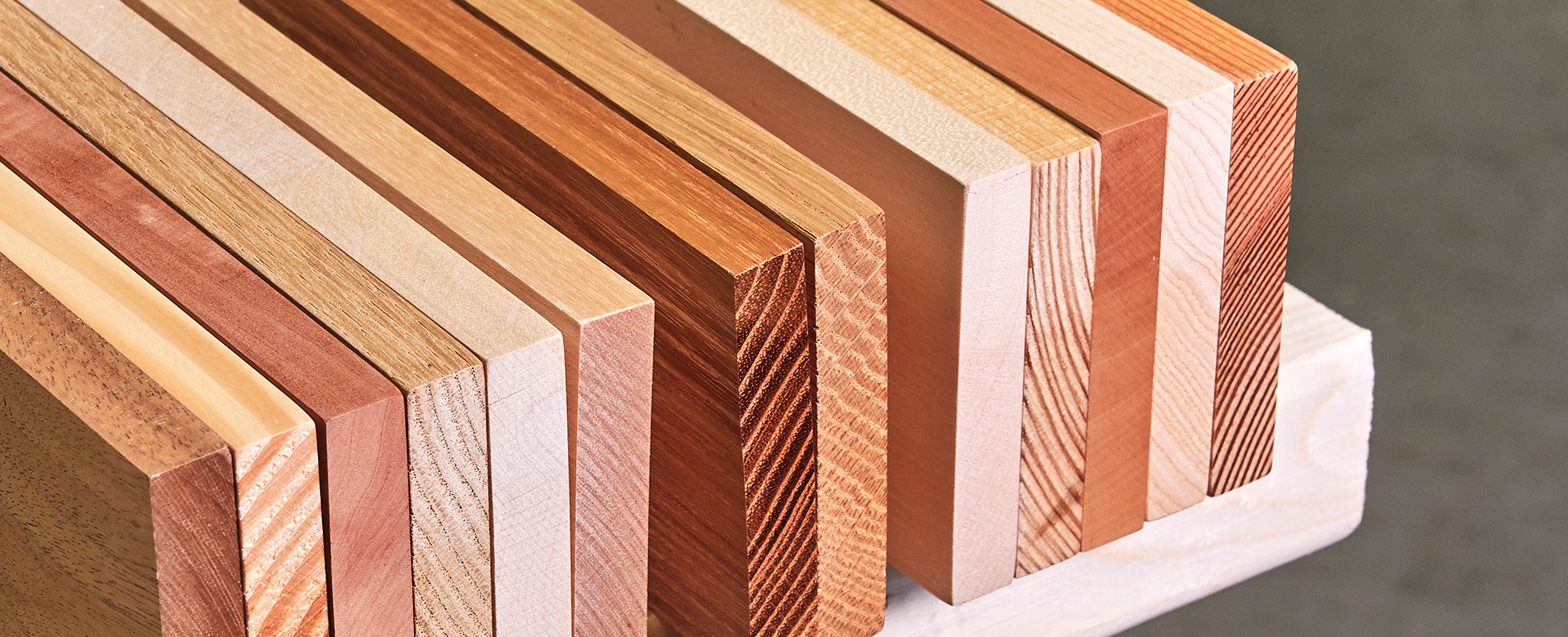 Patterns of different types of wood arranged next to each other show the diversity of wood.