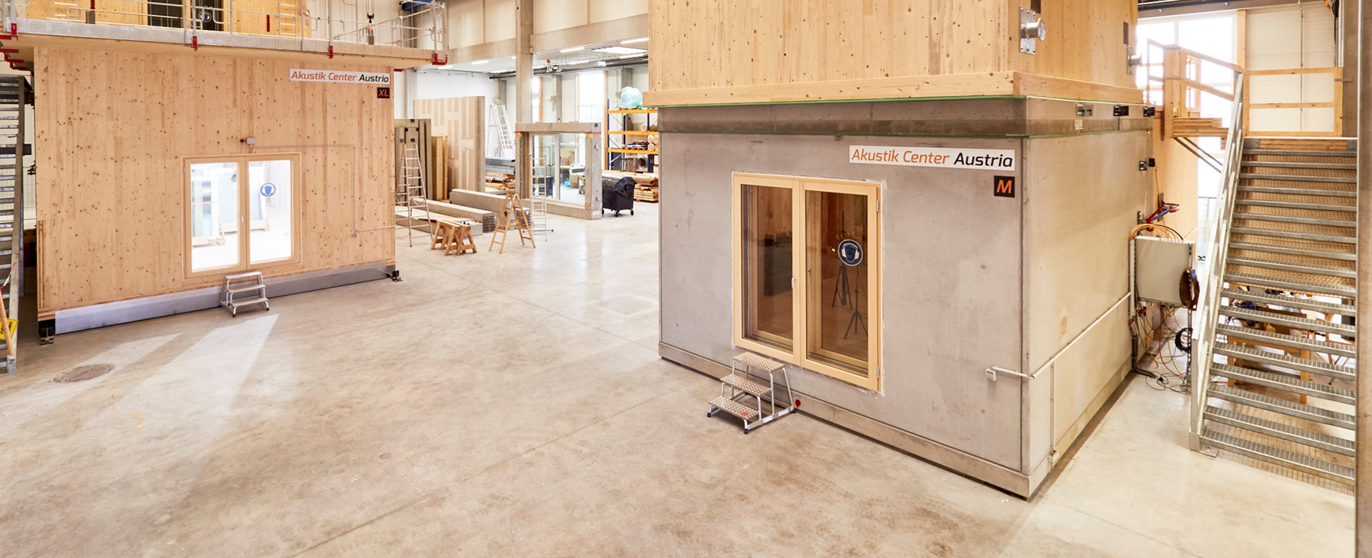 Hall of the Acoustics Centre Austria with two house-high sound test benches.