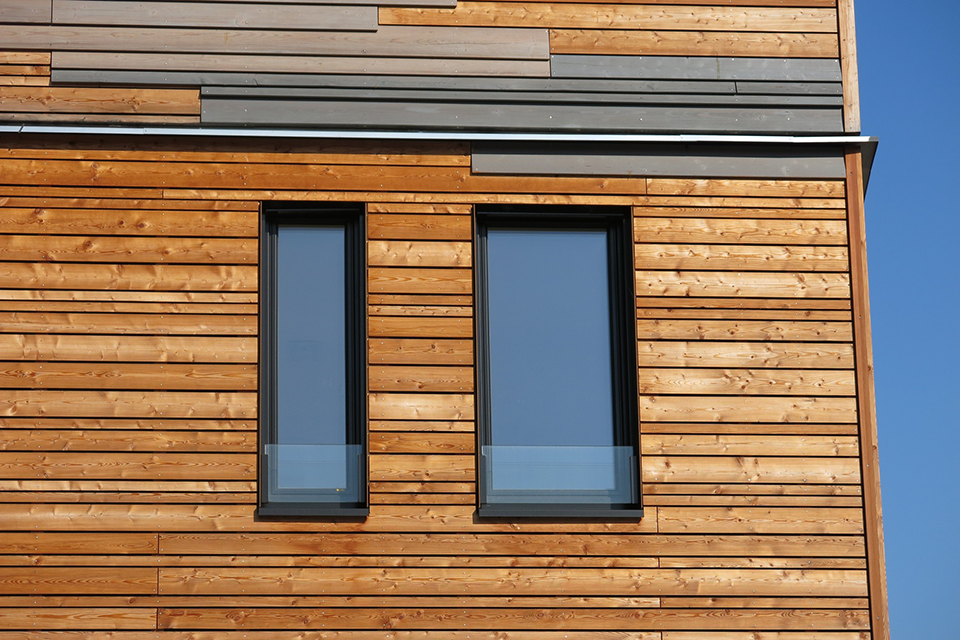 Holzfassade aus unterschiedlichen Holzarten mit zwei Fenstern.