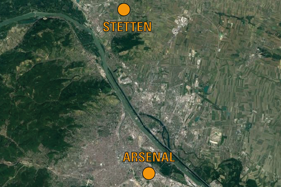 Sattelitenaufnahme von Wien mit eingezeichneten Standorten der Holzforschung Austria.