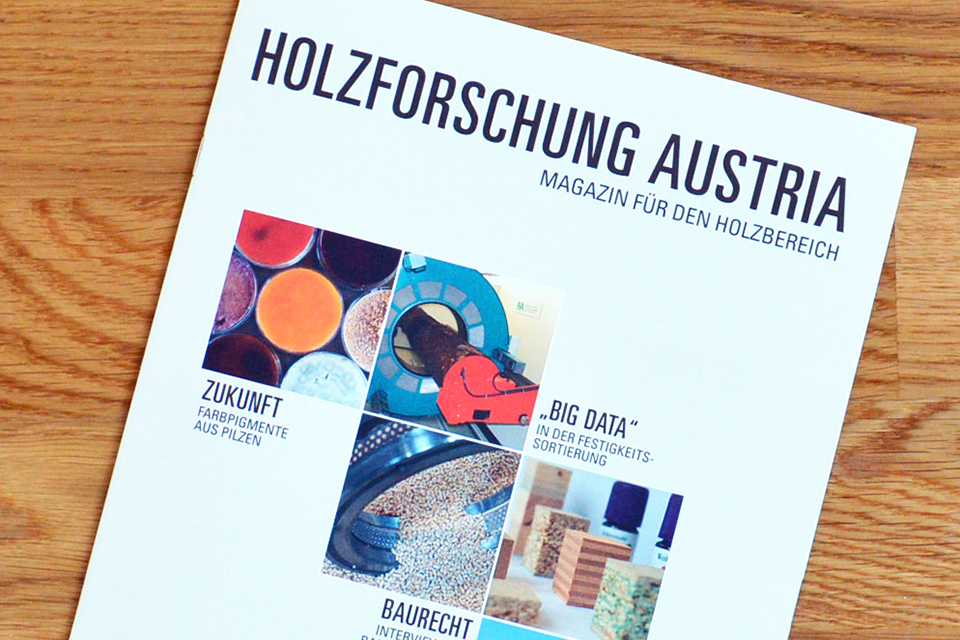 A magazine for the wood sector of Holzforschung Austria stands out brightly from the wooden floor.